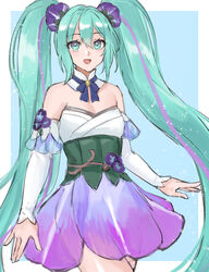  :d aqua_eyes aqua_hair commentary_request cowboy_shot detached_sleeves dress female floral_dress flower hair_flower hair_ornament hatsune_miku hatsune_miku_(noodle_stopper) hazuki_(nyorosuke) highres japanese_clothes long_hair long_sleeves looking_at_viewer morning_glory multicolored_hair open_mouth purple_dress purple_flower purple_hair smile solo standing strapless strapless_dress strapless_kimono streaked_hair twintails two-tone_dress very_long_hair vocaloid white_dress 