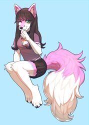  anthro biped black_hair black_nose bottomwear canid canine claws clothing collar female fiuefey fluffy fluffy_tail fox fur green_eyes hair hi_res inner_ear_fluff long_hair mammal norii one_eye_closed pink_body pink_fur shirt skirt solo tail topwear tuft 