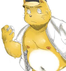  anthro ball baseball_(ball) baseball_cap belly blush blush_lines clothed clothing domestic_cat felid feline felis fur hat headgear headwear holding_object looking_away male mammal moobs navel nipples open_clothing open_shirt open_topwear overweight rampie shaded shirt slightly_chubby solo topwear whiskers white_body white_fur yellow_body yellow_fur 