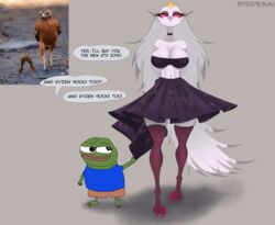  absurd_res alternative_fashion amphibian anthro avian beak bird bottomwear bottomwear_pull breasts choker clothing clothing_pull crown demon dialogue duo feathers feet female frog goth headgear helluva_boss hi_res jewelry larger_female legwear male mature_female meme nails necklace pepe_the_frog red_sclera size_difference skirt skirt_pull small_waist stella_(helluva_boss) sunstripe talons text thigh_highs toes 