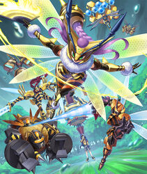  1boy antennae armor bee black_armor black_bodysuit black_hair blonde_hair blue_jacket blurry blurry_foreground bodysuit breasts bug cannon cannonbeemon collared_shirt cyborg digimon digimon_(creature) digimon_(virtual_pet) digimon_card_game digimon_liberator dual_wielding energy_blade energy_sword evolutionary_line female forest forgebeemon funbeemon fur_trim grass green-framed_eyewear green_eyes hand_fan hand_in_pocket holding holding_fan holding_polearm holding_sword holding_weapon hood hood_up hooded_jacket incoming_attack insect_wings jacket kazuki_seihou lance large_breasts leotard long_hair mask mechanical_arms motion_lines multicolored_hair multiple_wings nature non-humanoid_robot official_art one_eye_closed open_mouth polearm purple_hair queenbeemon red_scarf robot robot_animal scarf semi-rimless_eyewear shirt streaked_hair striped_clothes striped_leotard sword tigervespamon trait_connection two-tone_hair under-rim_eyewear vespamon wasp waspmon water_drop weapon wings winr yellow_armor yellow_shirt 