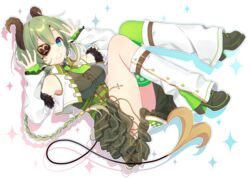  adapted_costume aqua_eyes bare_shoulders boots braid breasts center_frills commentary_request cropped_jacket curled_horns demon_horns demon_tail detached_sleeves dress eyepatch female frills green_dress green_hair green_thighhighs grin hands_up high_heel_boots high_heels highres honey_strap horns kusumoto_shizuru long_hair long_sleeves looking_at_viewer loose_socks medium_breasts nanashi_inc. necktie sekishiro_mico short_necktie single_braid single_thighhigh sleeveless sleeveless_jacket smile socks solo tail thighhighs thighs underbust virtual_youtuber wing_collar 