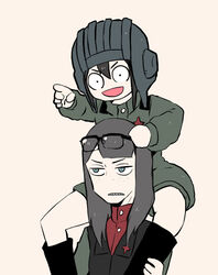  2girls aimai_(luckyfive) asakusa_midori asymmetrical_bangs bad_id bad_pixiv_id black_hair blue_eyes carrying cosplay eizouken_ni_wa_te_wo_dasu_na! emblem eyewear_on_head freckles girls_und_panzer green_jumpsuit grimace helmet jumpsuit kanamori_sayaka katyusha_(girls_und_panzer) katyusha_(girls_und_panzer)_(cosplay) long_hair multiple_girls nonna_(girls_und_panzer) nonna_(girls_und_panzer)_(cosplay) open_mouth over-rim_eyewear pointing pravda_(emblem) pravda_military_uniform sanpaku school_uniform semi-rimless_eyewear short_jumpsuit shoulder_carry smile tank_helmet 