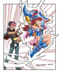  1boy ahoge aqua_eyes black_hair breasts card cleavage collarbone commentary cosplay dark_magician_girl dark_magician_girl_(cosplay) duel_disk duel_monster female gamigami_maou_(artist) guel_jeturk gundam gundam_suisei_no_majo hair_down hat highres holding holding_card holding_wand long_hair medium_breasts millennium_puzzle multicolored_hair muto_yugi muto_yugi_(cosplay) parody pink_hair red_hair suletta_mercury summoning thick_eyebrows twitter_username two-tone_hair wand wizard_hat yami_yugi yami_yugi_(cosplay) yu-gi-oh! yu-gi-oh!_duel_monsters 