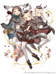  3girls animal_ears ankle_boots antlers arrow_(projectile) basket belt belt_pouch blonde_hair blue_eyes blue_little_pig_(sinoalice) boots bow_(weapon) cake candy cloak company_name copyright_notice cracker cross-laced_clothes cross-laced_legwear cupcake doughnut fake_horns food full_body gloves green_little_pig_(sinoalice) hat highres hood hood_down hood_up hooded_cloak horns ji_no leather leather_gloves long_hair looking_at_viewer macaron meat midriff multiple_girls navel official_art pig_ears plump pouch red_little_pig_(sinoalice) siblings sinoalice sisters skinny skirt smile suspenders teeth upper_teeth_only weapon white_background 