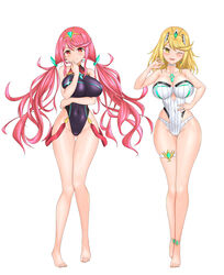  2girls absurdres alternate_hairstyle barefoot blonde_hair breasts chest_jewel competition_swimsuit feichu_keju headpiece highres large_breasts multiple_girls mythra_(radiant_beach)_(xenoblade) mythra_(xenoblade) one-piece_swimsuit pyra_(pro_swimmer)_(xenoblade) pyra_(xenoblade) pyra_(xenoblade)_(prototype) red_one-piece_swimsuit strapless striped_clothes striped_one-piece_swimsuit swept_bangs swimsuit tiara twintails two-tone_swimsuit white_one-piece_swimsuit xenoblade_chronicles_(series) xenoblade_chronicles_2 yellow_eyes 