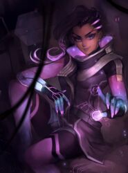  belt bodysuit closed_mouth dark-skinned_female dark_skin earrings female gradient_hair highres jewelry lipstick long_hair makeup matilda_fiship mole mole_under_eye multicolored_hair overwatch pink_hair purple_lips signature sitting smile solo sombra_(overwatch) 