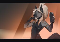  2022 5_fingers absurd_res anthro black_bars black_nose brown_hair canid canine cellphone digital_media_(artwork) electronics eyebrows eyelashes femboy fingers fur grey_body grey_fur hair hi_res long_hair male mammal mindmachine nude phone solo standing 