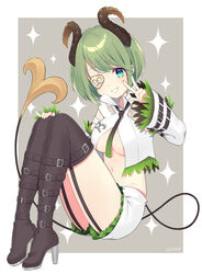  aqua_eyes ass belt belt_boots black_footwear black_thighhighs boots breasts cleavage collared_shirt commentary_request crop_top crop_top_overhang curled_horns demon_horns demon_tail detached_sleeves eyepatch female garter_straps gradient green_hair grin high_heel_boots high_heels highres honey_strap horns knees_up kusumoto_shizuru leg_belt long_sleeves looking_at_viewer medium_breasts midriff multiple_belts nanashi_inc. navel necktie no_bra sekishiro_mico shirt short_hair short_shorts shorts smile solo tail thigh_boots thighhighs thighs underboob v virtual_youtuber white_shirt white_shorts 