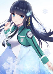  black_hair black_necktie blue_eyes blunt_bangs breasts closed_mouth dress female first_high_school_uniform hair_ornament hair_ribbon highres leaning_forward long_hair long_sleeves looking_at_viewer mahouka_koukou_no_rettousei medium_breasts necktie ribbon school_uniform see-through shiba_miyuki smile snowflake_hair_ornament snowflakes solo standing very_long_hair white_background white_dress yellow_ribbon yuzuki4no 