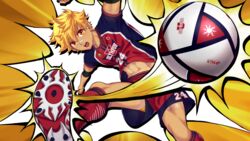  1boy armband ball bandaid bandaid_on_face black_armband blonde_hair clothes_lift collaboration highres jock_studio_(blits_games) leo_mendez_(jock_studio) looking_at_viewer male_focus mikkoukun non-web_source official_art open_mouth orange_eyes red_shorts red_socks shirt_lift shoes short_hair shorts soccer_ball socks solo sun_symbol teeth tongue upper_teeth_only zamius 