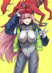  absurdres ace_combat ace_combat_zero blue_bodysuit blue_jacket bodysuit breasts earrings female galm_team girls&#039;_frontline hair_ornament hairclip headset highres jacket jewelry kaicchi long_hair long_sleeves mole mole_under_eye official_alternate_costume open_clothes open_jacket pink_hair red_eyes sidelocks sig_mcx_(crimson_meteor)_(girls&#039;_frontline) sig_mcx_(girls&#039;_frontline) solo spade_(shape) spade_earrings very_long_hair 