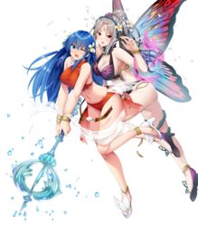  2girls bare_shoulders bikini blue_eyes blue_hair blush bracelet breasts caeda_(fire_emblem) caeda_(summer)_(fire_emblem) casual_one-piece_swimsuit cleavage facial_mark fairy_wings fire_emblem fire_emblem:_mystery_of_the_emblem fire_emblem_heroes forehead_mark full_body gradient_hair grey_hair hair_ornament high_heels highres holding jewelry large_breasts leg_up long_hair medium_breasts multicolored_hair multiple_girls navel non-web_source official_art one-piece_swimsuit one_eye_closed open_mouth petals plumeria_(fire_emblem) plumeria_(summer)_(fire_emblem) pointy_ears ponytail purple_hair red_eyes ryouma_(galley) sandals shiny_skin sidelocks stomach swimsuit thigh_strap thorns tied_hair toes torn_belt torn_clothes transparent_background wings 