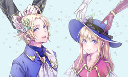  2boys 2girls blonde_hair blue_background clarine_(fire_emblem) collarbone fire_emblem fire_emblem:_the_binding_blade fire_emblem:_the_blazing_blade fire_emblem_heroes flower gloves hair_between_eyes hair_flower hair_ornament hat klein_(fire_emblem) long_hair long_sleeves louise_(fire_emblem) multiple_boys multiple_girls parent_and_child pent_(fire_emblem) purple_eyes short_hair siblings smile t_misaomaru 