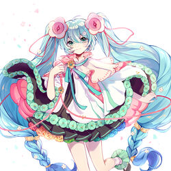  aqua_hair bangs bare_legs braid brown_dress clothing_request commentary dress eyebrows_visible_through_hair female flower foot_out_of_frame green_eyes hair_flower hair_ornament hatsune_miku highres long_hair looking_at_viewer magical_mirai_(vocaloid) nishina_hima pink_flower poncho simple_background smile solo tagme twin_braids twintails vocaloid white_background 