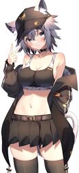  animal_ears armpit_crease bare_shoulders baseball_cap belt black_choker black_hat black_jacket black_skirt black_sports_bra black_thighhighs blue_eyes breasts cat_ears cat_girl cat_tail choker cleavage commission cowboy_shot crop_top ear-to-ear expressionless female grey_hair hand_up hat highres jacket jun_(aousa0328) large_breasts long_sleeves looking_at_viewer midriff miniskirt navel off_shoulder open_clothes open_jacket orb original pleated_skirt short_hair skeb_commission skindentation skirt sleeveless solo sports_bra standing stomach tail thighhighs thighs v yin_yang yin_yang_orb zettai_ryouiki 