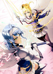  2girls ahoge armor armored_dress black_legwear blonde_hair blue_hair cape celis_reinhartd collaboration colorized drawing_sword gloves headband highres holding holding_sword holding_weapon magic multiple_girls nonaka_yuki ookuma_nekosuke owendss98 pantyhose ponytail runes sheath shinmai_maou_no_testament short_hair skirt sword third-party_edit uniform unsheathing weapon yellow_eyes 