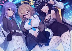  3girls :q animal_ears armpits between_breasts black_hair black_skirt blonde_hair blue_archive blue_necktie braid breasts cleavage collar dog_ears dog_girl dog_tags engineering_department_(blue_archive) fishnet_pantyhose fishnets glasses goggles goggles_on_head halo hibiki_(blue_archive) highres jacket korean_commentary kotori_(blue_archive) large_breasts long_hair long_sleeves multiple_girls navel necktie necktie_between_breasts official_art one_eye_closed open_clothes open_jacket pantyhose pleated_skirt purple_eyes purple_hair red_eyes sankyaku_tako school_uniform shirt side_braid skirt small_breasts smile teardrop-framed_glasses tongue tongue_out utaha_(blue_archive) very_long_hair white_shirt white_skirt yellow_halo 