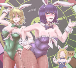  3girls animal_ears annie_(saga_frontier) black_leotard blonde_hair breasts brown_pantyhose cleavage detached_collar emilia_(saga_frontier) fake_animal_ears fake_tail fishnet_pantyhose fishnets green_eyes hanemikakko large_breasts leotard liza_(saga_frontier) long_hair looking_at_viewer multiple_girls open_mouth pantyhose playboy_bunny purple_hair rabbit_ears rabbit_tail saga saga_frontier short_hair smile strapless strapless_leotard tail wrist_cuffs 