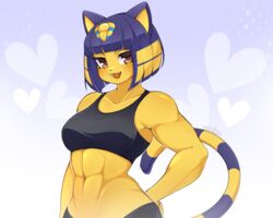  2023 abs animal_crossing ankha_(animal_crossing) anthro artist_name bangs blue_hair bob_cut breasts clothed clothing crop_top digital_media_(artwork) domestic_cat fangs felid feline felis female hair half-length_portrait hand_on_hip hi_res looking_at_viewer mammal markings medium_breasts midriff muscular muscular_anthro muscular_female navel nintendo open_mouth open_smile portrait shirt short_hair smile solo striped_markings striped_tail stripes tail tail_markings teeth topwear uraeus vtalna1 