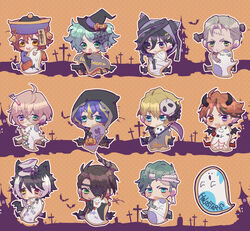  6+boys :d :o :t ahoge animal_ears animal_hood aragami_oga arurandeisu astel_leda bandaged_head bandages bat_(animal) bat_wings beaker bespectacled black_gloves black_hair blonde_hair blue_eyes blue_hair blush_stickers brown_hair cane chibi cooking cosplay daidou_shinove death_(entity) demon_boy everyone eyepatch flower frankenstein frankenstein&#039;s_monster frankenstein&#039;s_monster_(cosplay) full_body ghost glasses gloves green_eyes green_hair grim_reaper grim_reaper_(cosplay) grin hair_between_eyes hair_flower hair_ornament halloween halloween_bucket halloween_costume hanasaki_miyabi hat heterochromia highres holding holding_cane holding_scythe holostars hood hood_up horns hugging_object jackal_boy jackal_ears jackal_tail jiangshi jiangshi_costume jinra_(mkzk_116) kagami_kira kageyama_shien kanade_izuru kishido_temma light_brown_hair lightning_bolt_hair_ornament lightning_bolt_symbol looking_at_viewer looking_to_the_side male_focus multicolored_hair multiple_boys mummy_costume no_eyewear object_through_head open_mouth orange_eyes orange_hair pants pink_hair pout purple_eyes red_eyes red_hair rikka_(holostars) scythe short_hair silk single_horn sitting skull_hair_ornament smile spider_web stitched_face stitches streaked_hair striped_clothes striped_pants syringe_in_head tongue tongue_out top_hat v-shaped_eyebrows vampire_costume vertical-striped_clothes vertical-striped_pants virtual_youtuber white_hair wings witch_hat yukoku_roberu zombie 