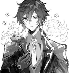  1boy bad_id bad_twitter_id bishounen coat earrings flower genshin_impact gloves greyscale hair_between_eyes holding holding_flower jewelry long_hair long_sleeves male_focus monochrome necktie parted_lips ponytail silk_flower_(genshin_impact) simple_background single_earring solo tassel tassel_earrings twitter_username ueauwa upper_body zhongli_(genshin_impact) 