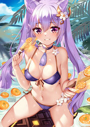  artist_name bare_arms bare_shoulders bikini blue_sky blush breasts choker cloud commentary cone_hair_bun day double_bun female flower food front-tie_bikini_top front-tie_top fruit fruit_on_liquid fruit_popsicle genshin_impact grin hair_between_eyes hair_bun hair_flower hair_ornament halterneck hand_up highres holding holding_food incoming_food keqing_(genshin_impact) long_hair looking_at_viewer medium_breasts nail_polish navel orange_(fruit) outdoors patreon_username pink_eyes popsicle purple_bikini purple_choker purple_eyes purple_hair purple_nails side-tie_bikini_bottom sitting sky smile solo squchan stomach string_bikini swimsuit tassel_choker thighs twintails twitter_username water web_address white_flower 