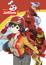  absurdres adjusting_clothes adjusting_headwear baseball_cap black_eyes black_hair bluetooth_headset bodysuit boots earphones female fingerless_gloves gloves grey_pants grey_shirt hair_bun hat highres insect_wings jollibee jollibee_(mascot) keiryuu_seo mecha mechanization original pants robot shirt single_hair_bun uniform waitress wings 