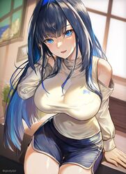  absurdres bare_shoulders blue_eyes blue_hair blush breasts clothing_cutout dolphin_shorts female hair_intakes highres hololive hololive_english large_breasts long_hair long_sleeves looking_at_viewer multicolored_hair oerba_yun_fang official_alternate_costume ouro_kronii ouro_kronii_(casual) revision santafe99 shorts sidelocks skin_fang solo sweater thigh_gap thighs turtleneck turtleneck_sweater twitter_username virtual_youtuber 