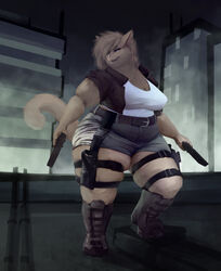  2020 anna_mercury anthro belly belly_outline belly_overhang belt big_breasts boots bottomwear breasts city city_background clip_studio_paint_(artwork) clothed clothing cutoffs denim denim_bottomwear denim_clothing detailed_background digital_media_(artwork) domestic_cat fat_arms fat_legs felid feline felis female fingers footwear fur grey_body grey_fur grey_hair gun hair handgun hi_res holding_gun holding_handgun holding_object holding_pistol holding_ranged_weapon holding_weapon holster jacket looking_aside mammal overweight overweight_anthro overweight_female pistol pistol_holster ranged_weapon shaded shirt shorts silverfang725 skindentation solo standing step_pose thick_thighs tight_clothing topwear weapon 