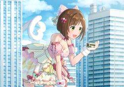  blue_sky bow breasts brown_hair building bus cat_tail city cleavage cloud commentary_request commission dress fake_tail female giant giantess green_eyes hairbow heart heart_tail idolmaster idolmaster_cinderella_girls large_breasts maekawa_miku motor_vehicle open_mouth pink_bow pink_dress short_hair skeb_commission sky skyscraper smile solo tail tori_ririisu wrist_cuffs 