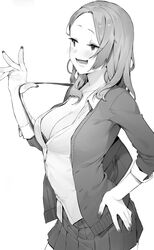  bag blush bra breasts cleavage collared_shirt dress_shirt female greyscale hand_on_own_hip highres jacket kotoribako large_breasts long_hair miniskirt monochrome nail_polish open_clothes open_jacket open_mouth original partially_unbuttoned pleated_skirt school_bag school_uniform shirt skirt sleeves_rolled_up solo underwear untucked_shirt white_background 