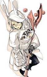  2p_(nier:automata) 2p_(nier:automata)_(cosplay) against_wall animal_ears black_gloves black_legwear breasts cleavage cleavage_cutout clothing_cutout cosplay female final_fantasy final_fantasy_xiv floating glasses gloves highres holding holding_staff jewelry kyo_(kuroichigo) leaning long_hair mole mole_under_mouth nier:automata nier_(series) no_blindfold parted_lips puffy_sleeves rabbit_ears red_eyes red_lips ring solo staff standing viera warrior_of_light_(ff14) white_hair 