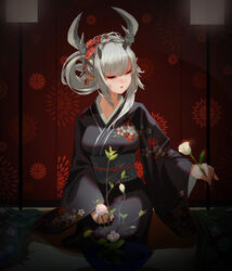  absurdres alternate_costume arknights closed_eyes closed_mouth commentary_request female floral_print flower grey_hair hair_ornament highres holding holding_flower horns japanese_clothes kimono long_hair long_sleeves matoimaru_(arknights) multiple_horns oni photoshop_(medium) pointy_ears rose sash sitting solo tang_shifu white_flower white_rose wide_sleeves 