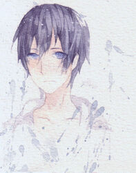  1boy blue_eyes blue_hair closed_mouth collarbone eyes_visible_through_hair free! highres looking_at_viewer male_focus nanase_haruka_(free!) painting_(medium) short_hair solo texture tkm_(1322323425) traditional_media upper_body watercolor_(medium) 