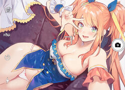  :d arm_garter bad_id bad_twitter_id bare_shoulders blush breasts character_request cleavage commentary_request copyright_request earrings female green_eyes hair_ribbon jewelry large_breasts lino_chang long_hair lying navel no_pants on_side open_mouth orange_hair panties ribbon selfie sidelocks smile solo star_(symbol) star_earrings strapless twintails underwear viewfinder w white_panties wrist_cuffs 