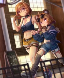  +_+ 2girls :t aged_down ahoge animal_ears bear_ears boots breasts brown_hair burger choker crop_top denim denim_shorts doughnut dual_persona eating eyewear_on_head food girls&#039;_frontline grizzly_mkv_(girls&#039;_frontline) grizzly_mkv_(teddy_transform!)_(girls&#039;_frontline) grizzly_mkv_(weekend_cop)_(girls&#039;_frontline) groin highres holding_hands kneehighs llpfmfc medium_breasts multiple_girls navel off_shoulder official_alternate_costume red-framed_eyewear red_eyes short_hair shorts smile socks yellow_shorts 