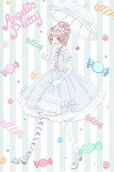  ad angelic_pretty blue_dress bow brown_hair candy copyright_name curly_hair dress fashion female food frills green_eyes hairbow high_heels high_ponytail holding holding_umbrella kicking leggings light_brown_hair lolita_fashion maki_taguchi official_art pink_bow polka_dot polka_dot_dress postcard product_placement puffy_short_sleeves puffy_sleeves retro_artstyle short_sleeves solo source_request striped striped_background striped_leggings umbrella updo white_bow wrapped_candy 