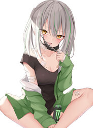  :d bandaged_arm bandaged_fingers bandages bandaid bandaid_on_breast bandaid_on_leg black_shirt blush breasts cleavage feet_out_of_frame female green_jacket grey_hair highres jacket kamu_(geeenius) long_hair long_sleeves looking_at_viewer mask mask_pull mole mole_on_breast monster_energy mouth_mask multicolored_hair oerba_yun_fang off_shoulder open_mouth original shirt simple_background sitting smile solo streaked_hair white_background yellow_eyes 