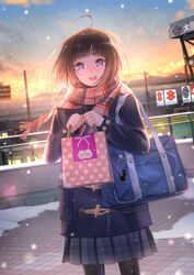  absurdres ahoge bag black_hair black_legwear blunt_bangs coat commentary_request dutch_angle female highres mountainous_horizon open_mouth original outdoors purple_eyes road scarf short_hair skirt snowing solo sunset taka_(tsmix) valentine wind 