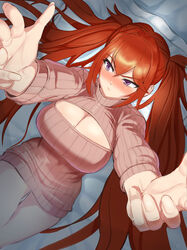  absurdres bad_id bad_pixiv_id bed_sheet breasts center_opening cleavage cleavage_cutout clothing_cutout commentary dress english_commentary female fingernails guegue hair_between_eyes highres large_breasts last_origin long_hair looking_away lying may_of_doom meme_attire mole mole_on_breast official_alternate_costume on_back on_bed open-chest_sweater outstretched_hand purple_eyes red_hair revision ribbed_sweater solo sweater sweater_dress turtleneck very_long_hair 