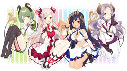  4girls :d ;o aqua_eyes ass bare_shoulders belt between_breasts black_footwear black_gloves black_hair boots breasts brown_eyes cleavage cleavage_cutout clothing_cutout collared_shirt commentary_request crop_top crop_top_overhang curled_horns demon_horns demon_tail detached_sleeves double_bun dress eyepatch forehead garter_straps gloves gradient green_hair grey_hair grin hair_bun hair_ornament hand_up hands_on_own_cheeks hands_on_own_face headdress high_heel_boots high_heels highres honey_strap horns knee_boots knees_up kusumoto_shizuru large_breasts leg_belt long_hair long_sleeves looking_at_viewer medium_breasts midriff mole mole_under_mouth multicolored_hair multiple_belts multiple_girls nanashi_inc. navel necktie no_bra one_eye_closed open_mouth parted_lips pointy_ears purple_eyes red_eyes saionji_mary see-through sekishiro_mico shimamura_charlotte shirt short_hair short_necktie short_shorts shorts side_cutout single_hair_bun skirt smile stomach_cutout streaked_hair suou_patra tail thigh_boots thighhighs thighs underboob v very_long_hair virtual_youtuber wavy_hair white_dress white_hair white_shirt white_shorts white_skirt 