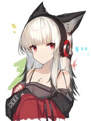  ... animal_ears arknights beanie black_hat collarbone commentary diamond-shaped_pupils diamond_(shape) female fox_ears frostleaf_(arknights) grey_shirt hat headphones highres implied_extra_ears jacket long_hair looking_at_viewer material_growth off_shoulder oripathy_lesion_(arknights) red_eyes red_jacket red_nails shirt solo symbol-shaped_pupils unworn_hat unworn_headwear white_hair yki 