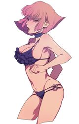  alternate_costume bad_id bad_twitter_id bikini breasts clenched_hand commentary_request cropped_legs female frilled_bikini frills from_side gundam gundam_zz haman_karn highres looking_at_viewer medium_breasts navel open_mouth otenki93 purple_eyes purple_hair short_hair solo strap_gap swimsuit thighs zeta_gundam 