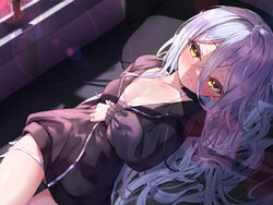  ass_visible_through_thighs bed black_jacket blush bow bow_bra bra breasts brown_eyes cleavage female grey_hair highres jacket long_hair lying nearly_naked_coat no_pants nyahu_(nyahu_77) on_back open_clothes open_jacket original panties panty_pull pillow small_breasts smile solo thigh_gap thighs underwear very_long_hair white_bra white_panties 