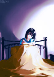  bed black_eyes black_hair blanket blue_eyes closed_mouth female highres indoors long_hair mahouka_koukou_no_rettousei nightstand owendss98 pillow shiba_miyuki signature sitting sleeves_rolled_up solo 