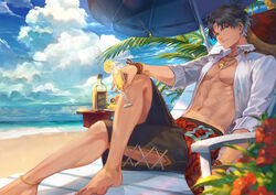  1boy abs alcohol alternate_costume anklet bare_pectorals barefoot bartholomew_roberts_(fate) beach beach_umbrella black_hair blue_eyes blurry bracelet chair champagne_flute clothing_cutout cloud cloudy_sky collared_shirt cross cross-laced_clothes cross-laced_legwear cross-laced_slit cross_necklace crossed_legs cup dark-skinned_male dark_skin depth_of_field drinking_glass fate/grand_order fate_(series) flower food fruit grey_hair highres horizon jewelry knee_up lemon lemon_slice looking_at_viewer lounge_chair male_focus male_swimwear mashuu_(neko_no_oyashiro) multicolored_hair navel necklace ocean open_clothes open_shirt outdoors pectorals purple_hair reclining rum shirt short_hair sky sleeves_rolled_up smile solo swim_trunks thigh_cutout toned toned_male umbrella wet wristband 