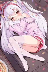  absurdres ass azur_lane birthday_cake blurry blush cake christmas_lights commentary couch dated depth_of_field female fetal_position food food_on_face hairband happy_birthday head_tilt highres indoors irokari jacket laffey_(azur_lane) lying miniskirt no_shoes on_couch on_side panties pantyshot pink_jacket plate red_eyes red_skirt skirt solo striped_clothes striped_panties thighhighs underwear white_hair white_thighhighs 