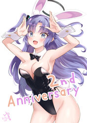  animal_ears anniversary bare_legs black_leotard blue_archive bow bowtie breasts cleavage commentary_request cowboy_shot detached_collar fake_animal_ears female groin halo highres leotard looking_at_viewer mechanical_halo medium_breasts parted_bangs playboy_bunny purple_eyes purple_hair rabbit_ears rabbit_pose rabbit_tail sidelocks simple_background snow-yuuki solo strapless strapless_leotard tail two_side_up white_background wrist_cuffs yuuka_(blue_archive) 