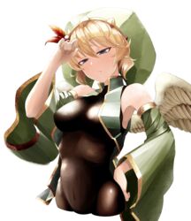  absurdres androgynous angel_wings bare_shoulders blonde_hair blue_eyes breasts detached_sleeves doro9363 elona feathered_wings female genderswap_(mtf) green_hat green_sleeves hat highres jester_cap kumiromi_of_harvest large_breasts looking_at_viewer medium_hair rule_63 solo white_wings wings 